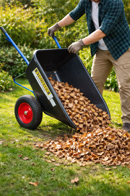 taczka z plastikową misą do liści