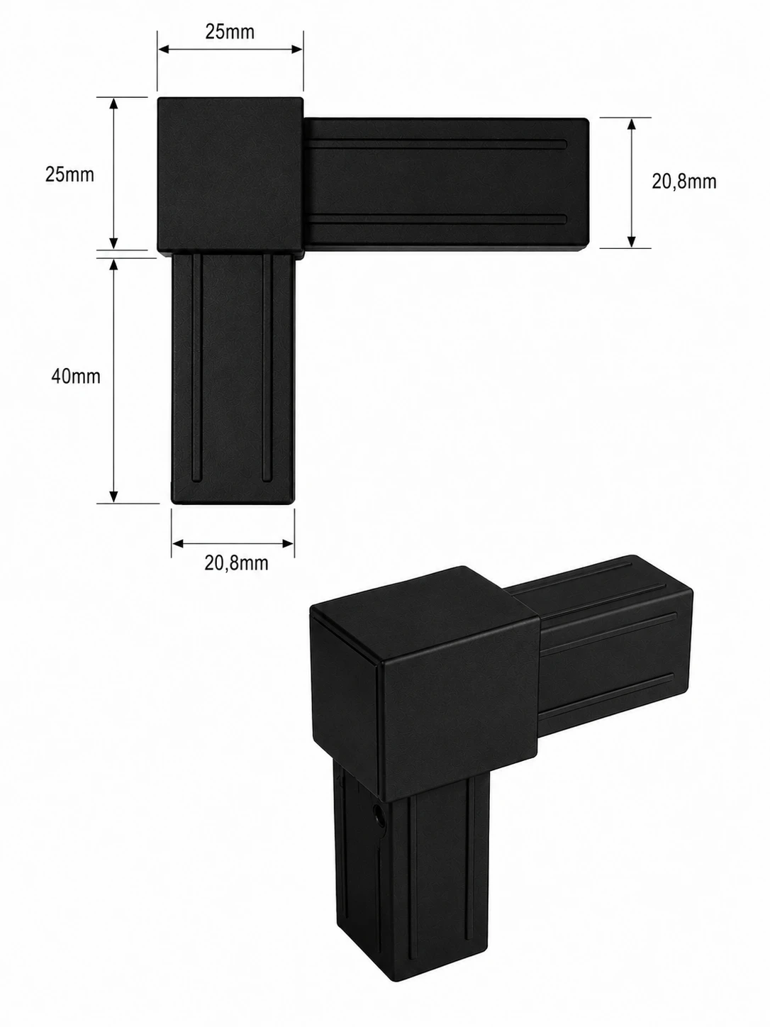 Łącznik plastikowy do profili kwadratowych 25x25x2 mm czarny